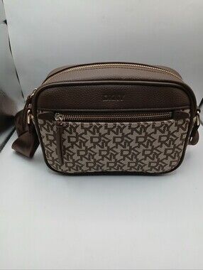 DKNY Brown Monogram Crossbody Belt Bag with Gold Hardware